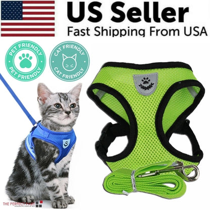 Green breathable harness for dogs and cats with reflective safety strips.