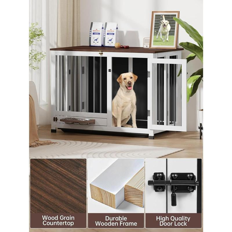 39.4'' Dog Crate Furniture, Foldable Wooden Dog Kennel with 360° Feeder, Detachable Tray, Easy Assembly for Medium & Large Dogs Cage Home Pet Supplies