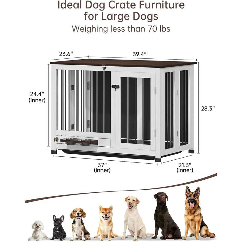39.4'' Dog Crate Furniture, Foldable Wooden Dog Kennel with 360° Feeder, Detachable Tray, Easy Assembly for Medium & Large Dogs Cage Home Pet Supplies
