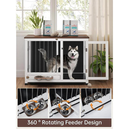 39.4'' Dog Crate Furniture, Foldable Wooden Dog Kennel with 360° Feeder, Detachable Tray, Easy Assembly for Medium & Large Dogs Cage Home Pet Supplies