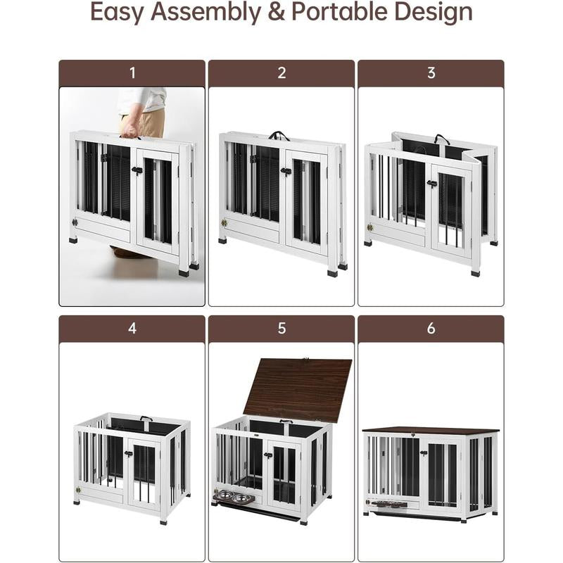 39.4'' Dog Crate Furniture, Foldable Wooden Dog Kennel with 360° Feeder, Detachable Tray, Easy Assembly for Medium & Large Dogs Cage Home Pet Supplies