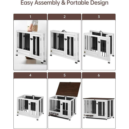 39.4'' Dog Crate Furniture, Foldable Wooden Dog Kennel with 360° Feeder, Detachable Tray, Easy Assembly for Medium & Large Dogs Cage Home Pet Supplies