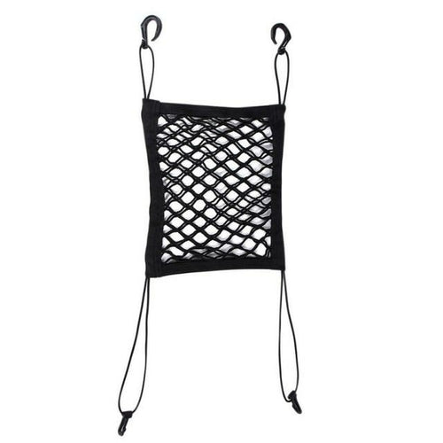 Isolated product photo of the pet car seat barrier net showing four elastic straps and hooks for easy installation.