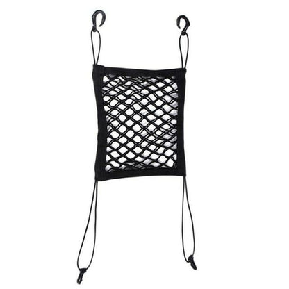 Isolated product photo of the pet car seat barrier net showing four elastic straps and hooks for easy installation.
