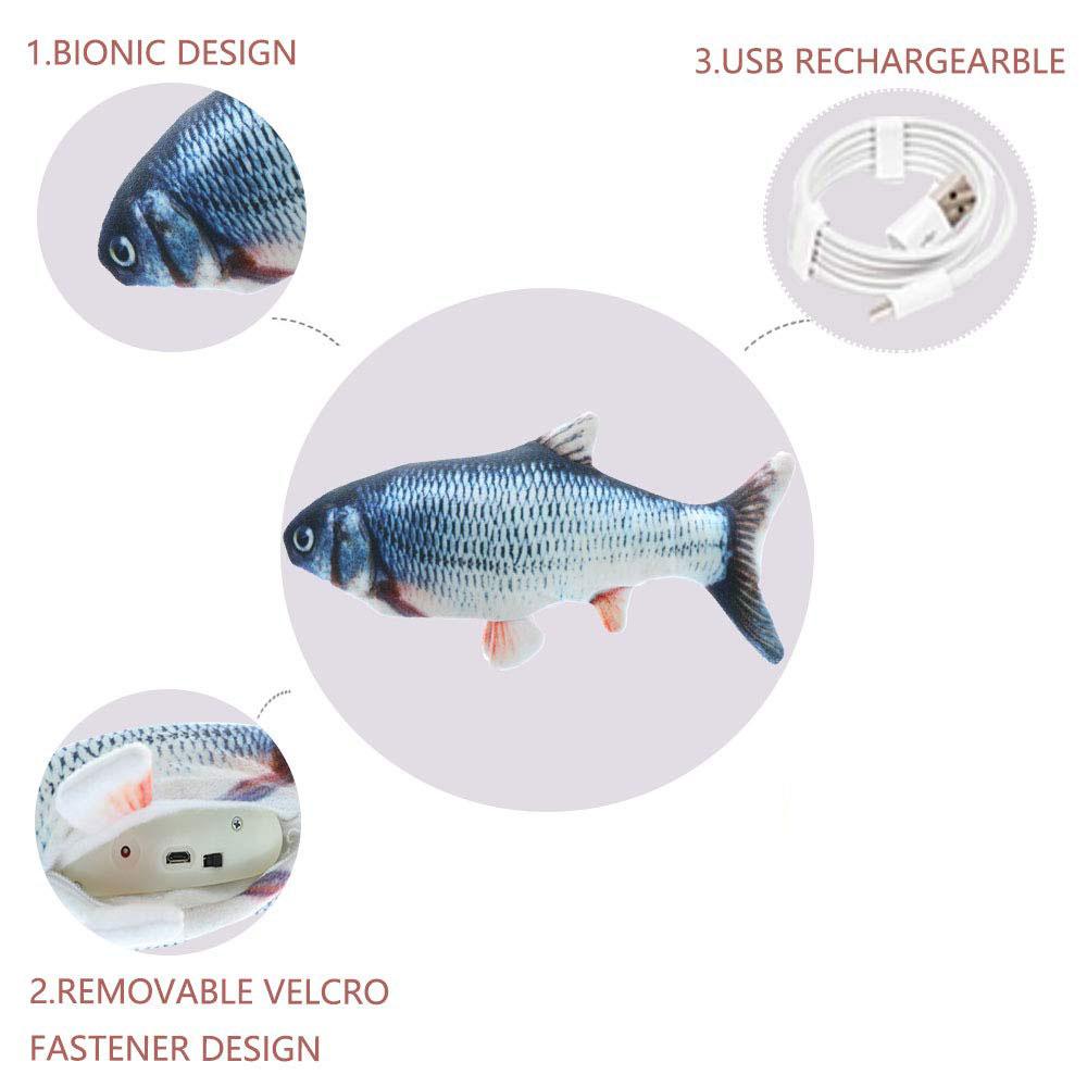 Infographic showing fish toy design, removable Velcro fastener, and USB recharge cable.