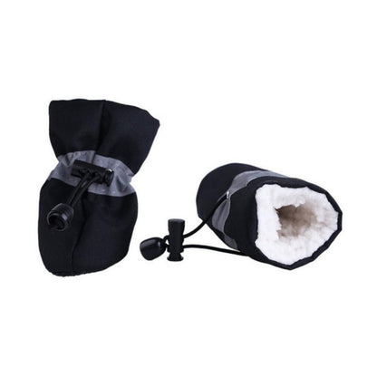 Two black winter boots with adjustable toggle cord and soft white fleece inside.