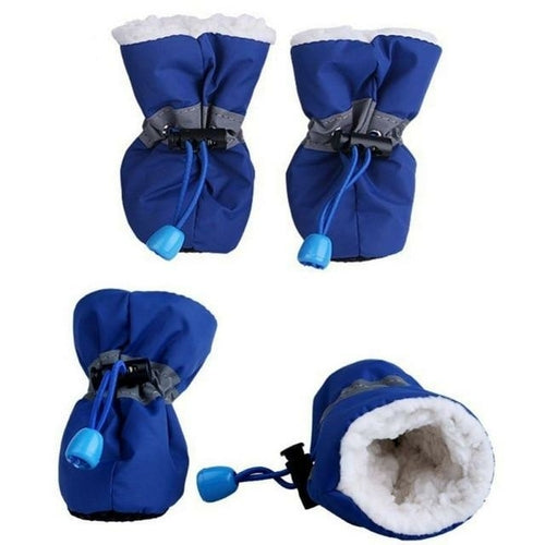 Set of blue winter boots displaying outer view and white plush lining.