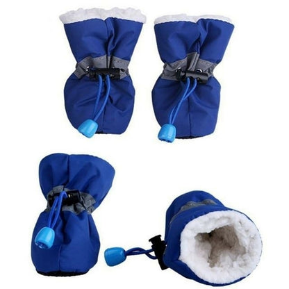 Set of blue winter boots displaying outer view and white plush lining.