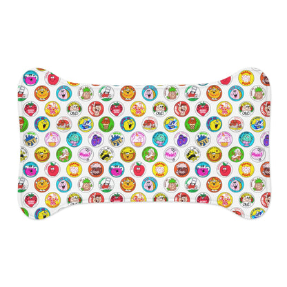 Bone-shaped pet feeding mat, white background with multicolor cartoon pattern, top view.