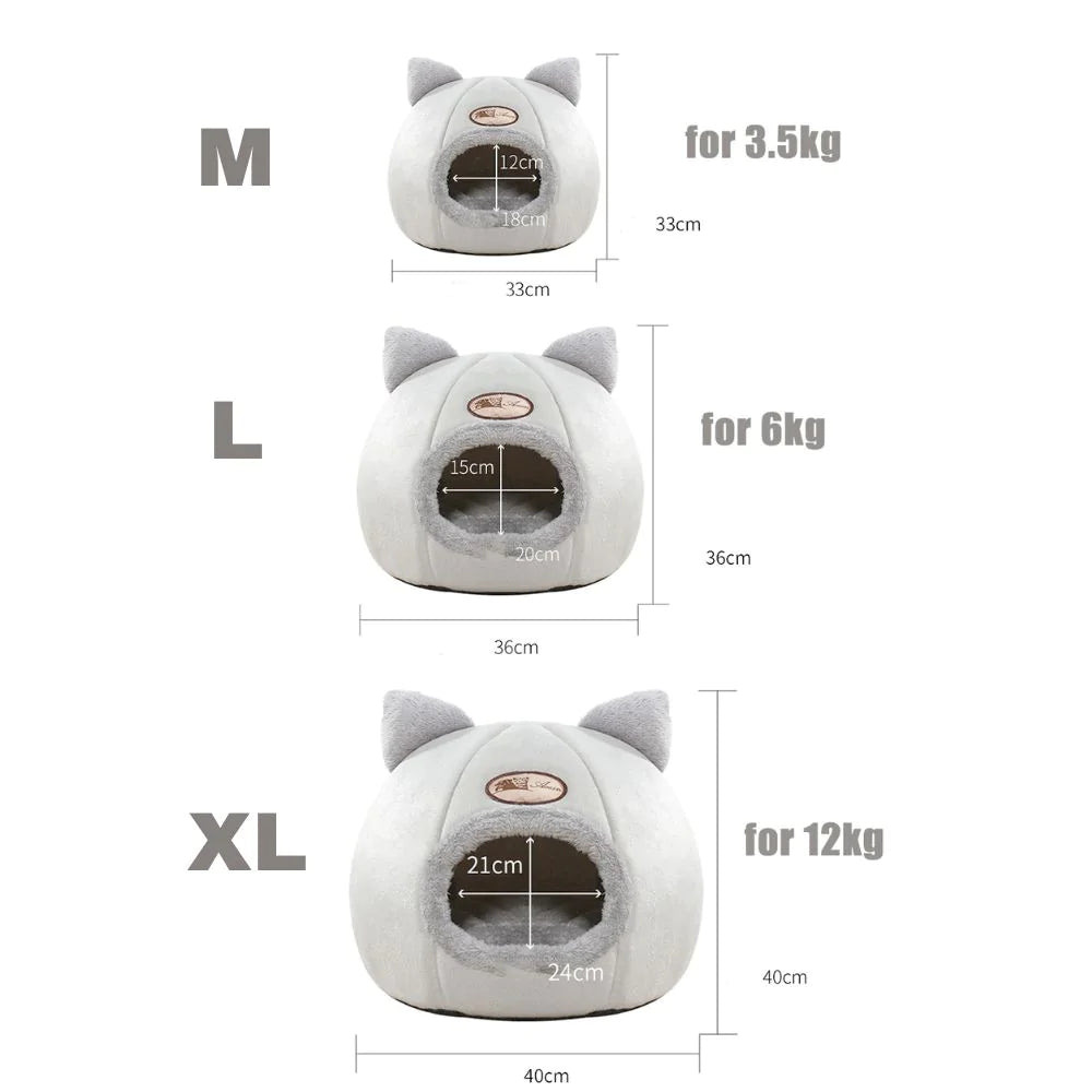 Pawfy Land cat cave bed size chart M L XL with dimensions and weight limits