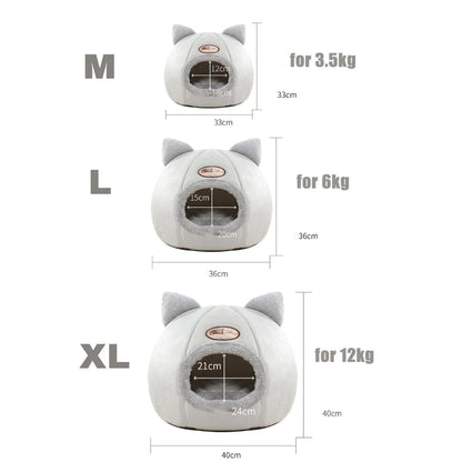 Pawfy Land cat cave bed size chart M L XL with dimensions and weight limits