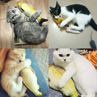 Collage of cats hugging and playing with yellow fish-shaped plush toy.
