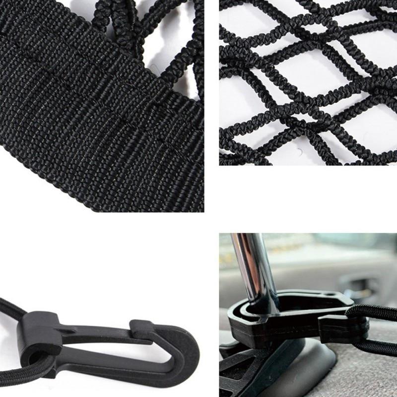 Detail shots of the pet car barrier net fabric, elastic edges, hooks, and headrest attachment hardware.