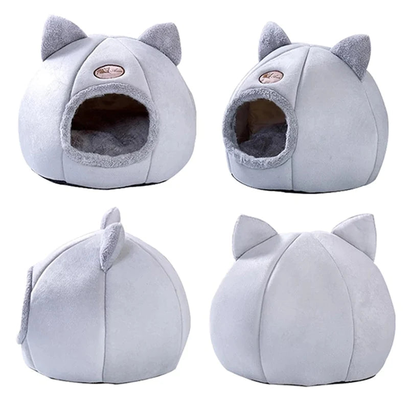 Pawfy Land cozy 2-in-1 cat cave bed, four-angle views of grey enclosed house with ears