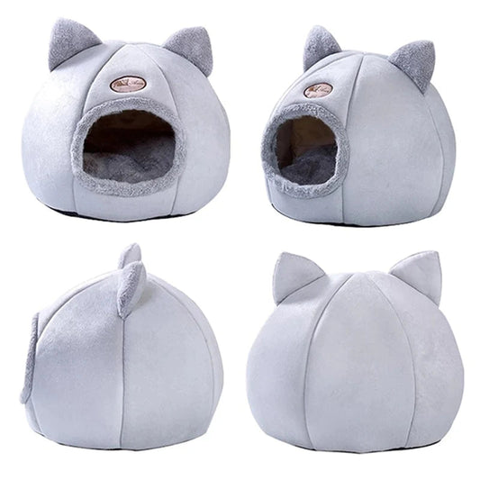 Pawfy Land cozy 2-in-1 cat cave bed, four-angle views of grey enclosed house with ears