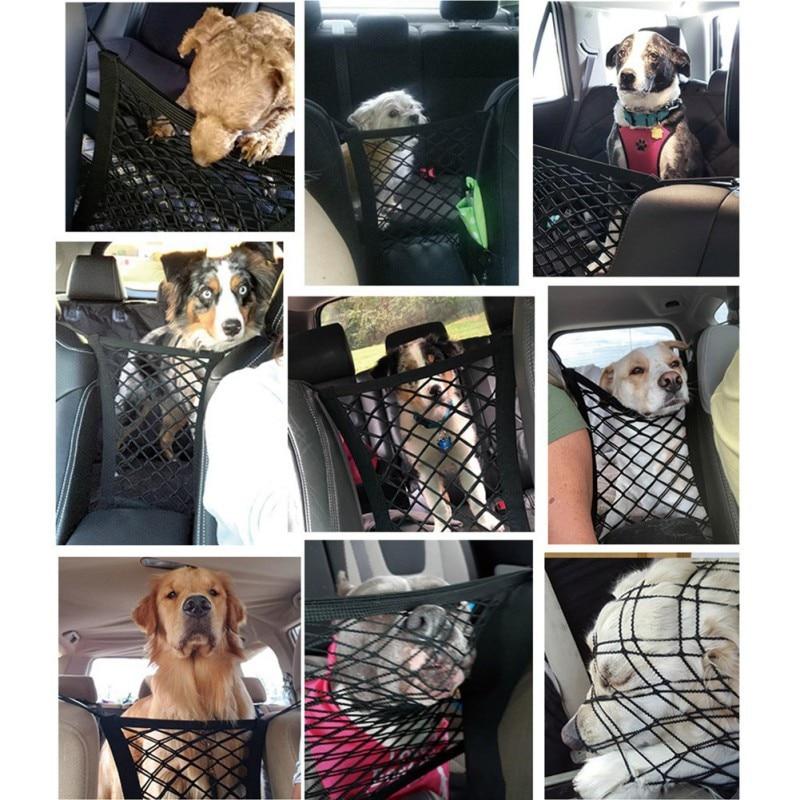 Collage of various dogs in cars using a mesh barrier net to stay safely in the backseat.