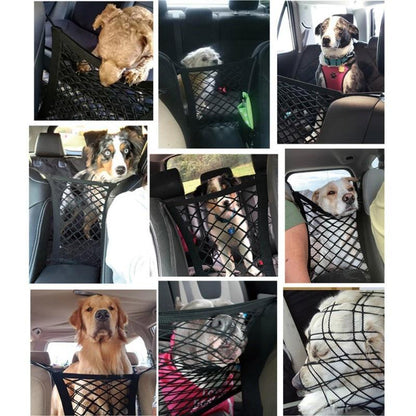 Collage of various dogs in cars using a mesh barrier net to stay safely in the backseat.