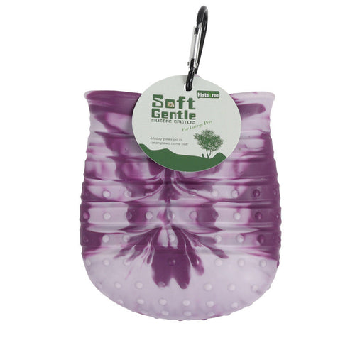 Soft Gentle deep purple paw cleaning cup, front view with tag.