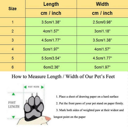 Sizing table for dog boots with cm/inch measurements and paw length/width diagram.