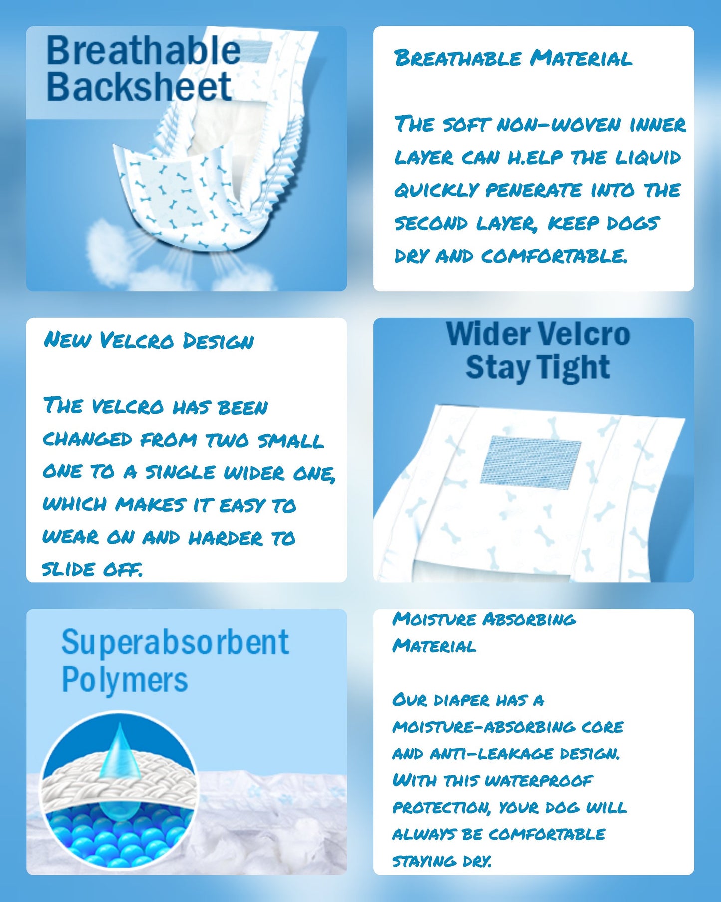 Product features collage showing breathable backsheet, wider Velcro, super-absorbent polymers, moisture-absorbing core.
