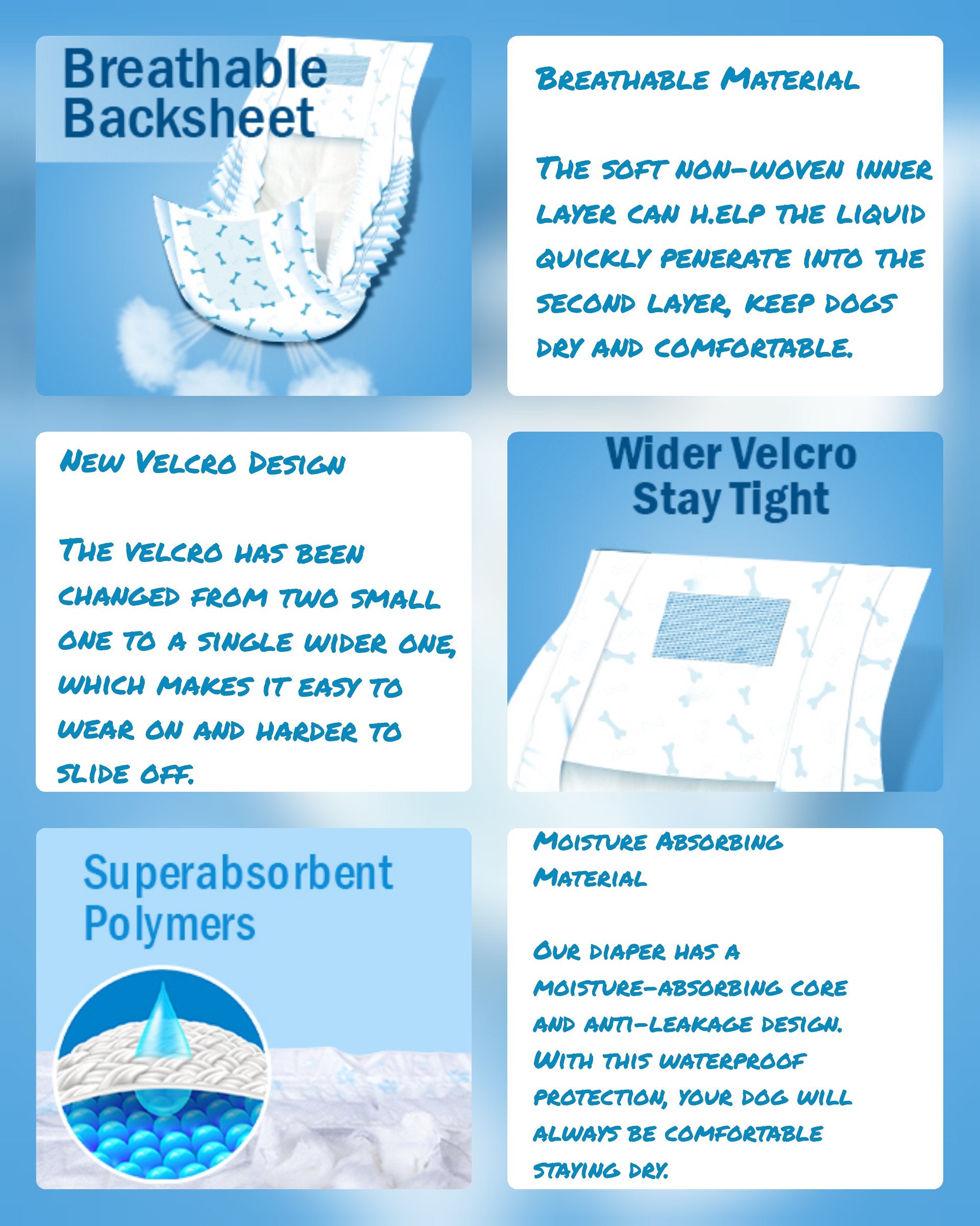 Product features collage showing breathable backsheet, wider Velcro, super-absorbent polymers, moisture-absorbing core.