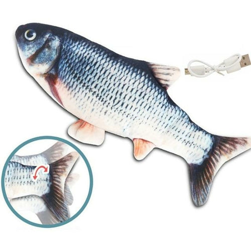 Realistic fish plush shown with USB cable and tail motion icon indicating flipping action.
