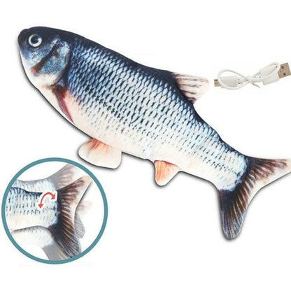 Realistic fish plush shown with USB cable and tail motion icon indicating flipping action.