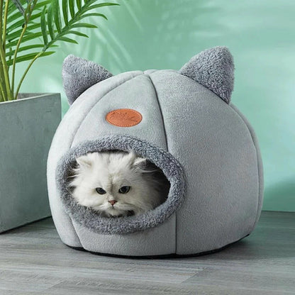 Pawfy Land fluffy cat resting inside grey dome cat house bed with ears