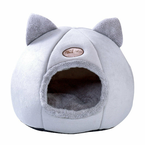 Pawfy Land front view of grey enclosed 2-in-1 cat cave bed, plush interior