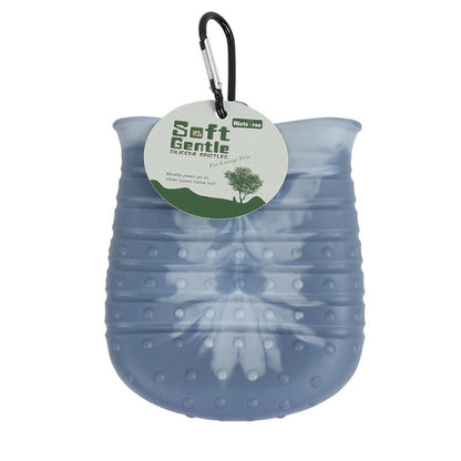 Soft Gentle silicone paw washer cup, gray, hanging tag and clip.