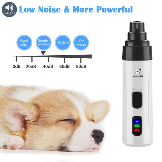 close-up of quiet cordless pet nail grinder next to a sleeping dog showing <40 dB noise level