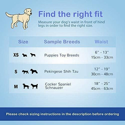 Size guide for disposable male wraps: XS, S, M with sample breeds and waist ranges in inches and centimeters.