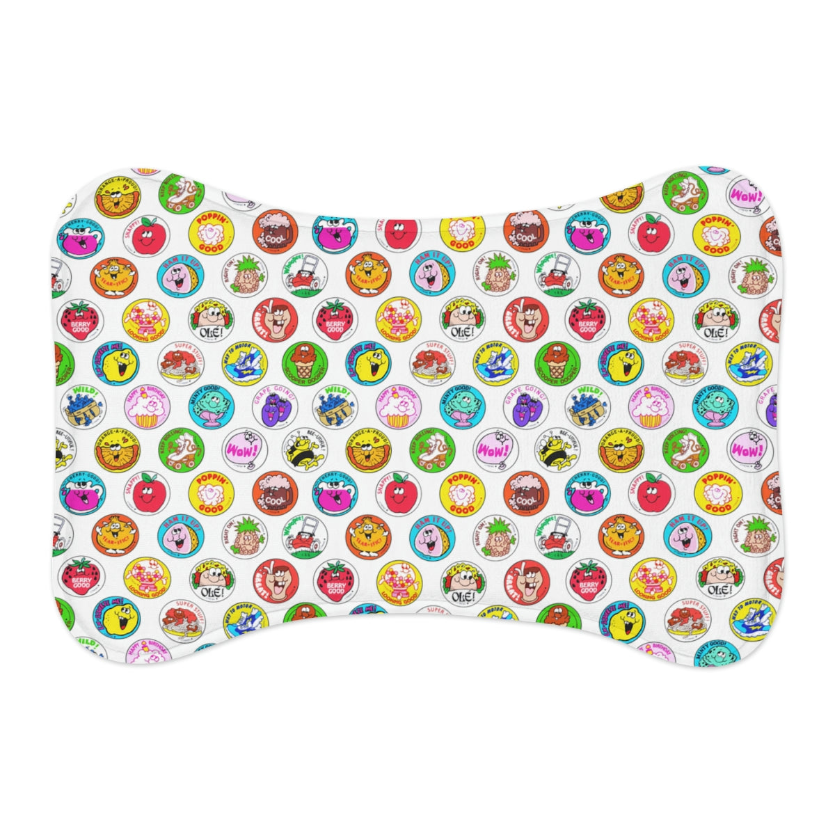Bone-style non-slip feeding placemat for pets, colorful dots pattern, flat lay.