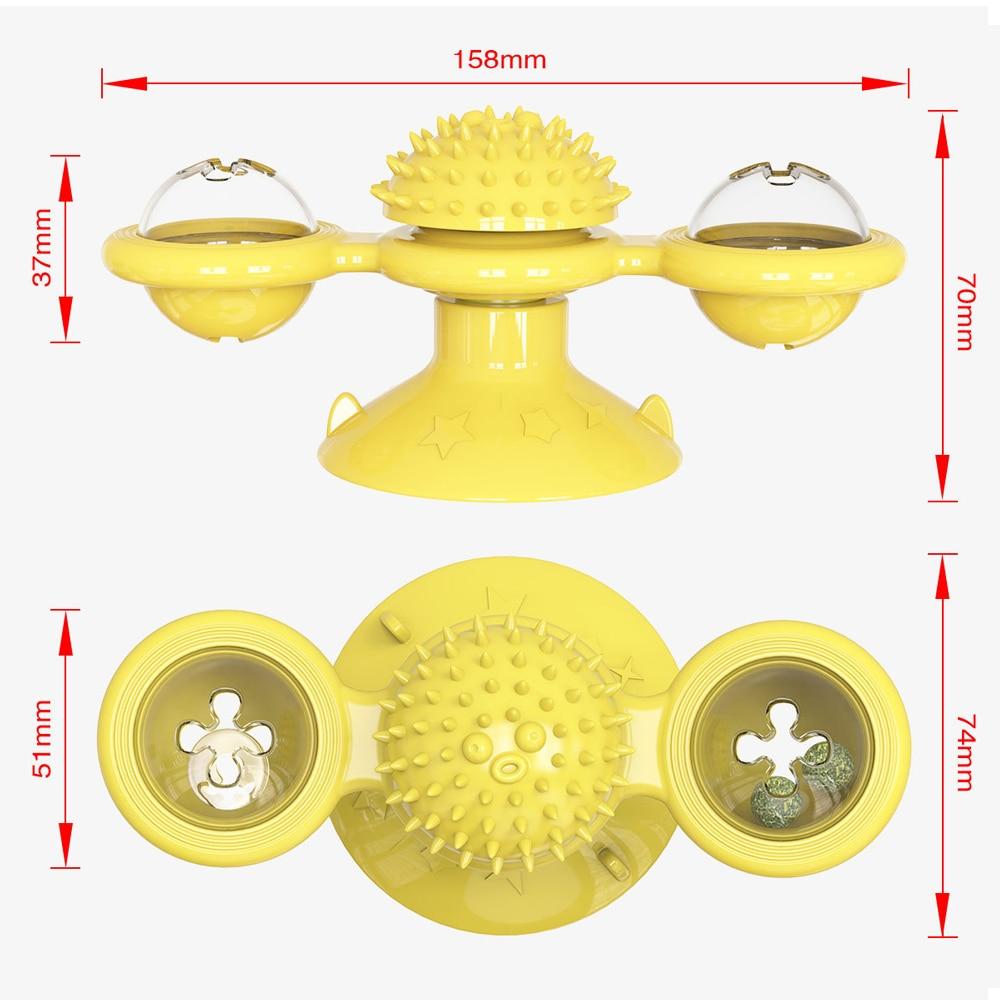 Measured diagram of yellow spinning cat toy showing height, width and bowl sizes