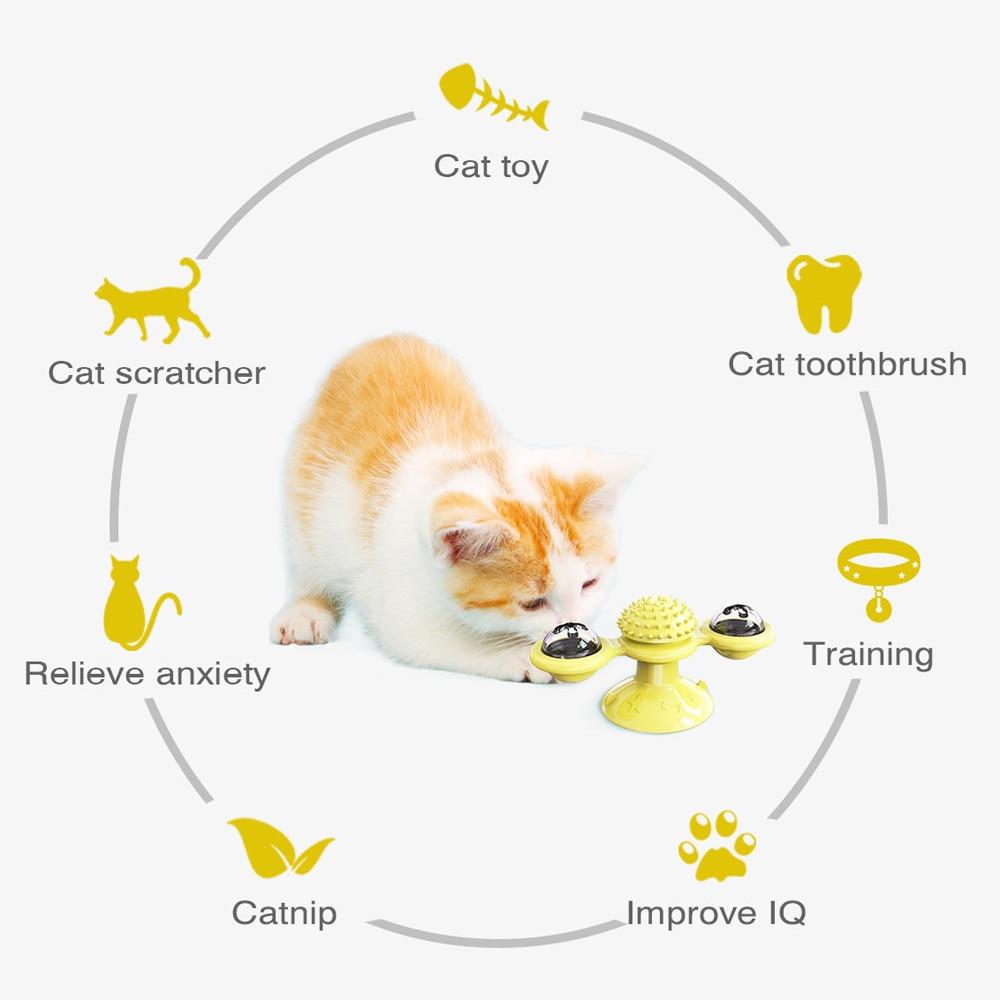 Infographic of spinning cat toy benefits including toy, toothbrush, training, catnip and anxiety relief