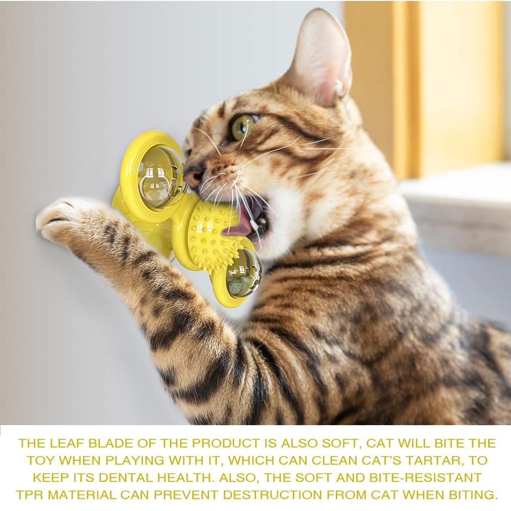 Cat biting the yellow spinning toy to clean teeth and reduce stress