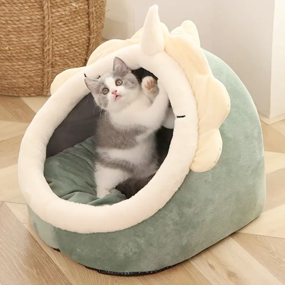 Side view of plush dinosaur-shaped cat house with wide entrance – Pawfy Land