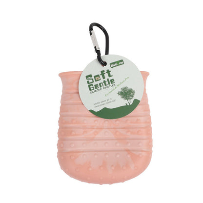 Soft Gentle peach paw cleaning cup with carabiner; small/medium size.