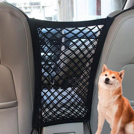 Black mesh car seat barrier net separating the front seats to keep a dog safely in the back, Pawfy Land.