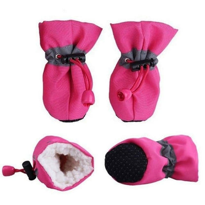 Pink dog boots shown from multiple angles, anti-slip sole and warm interior.
