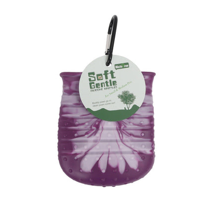 Soft Gentle purple paw cleaning cup with tag and carabiner.