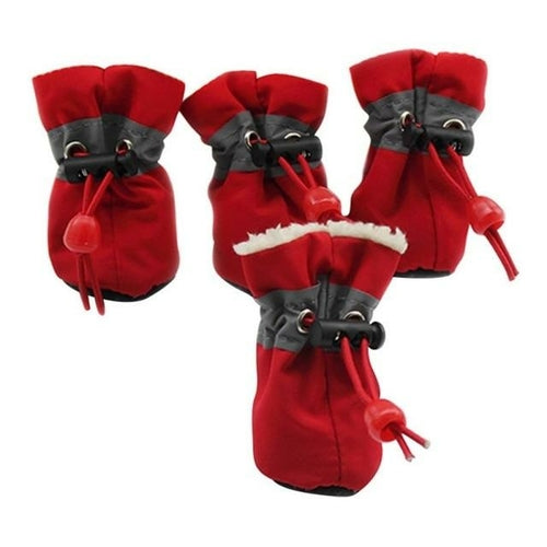 Quartet of red fleece-lined boots with grey straps and red toggle cords.