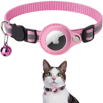 Pink reflective nylon cat collar with AirTag holder and breakaway buckle, bell attached; close-up and cat wearing the collar.