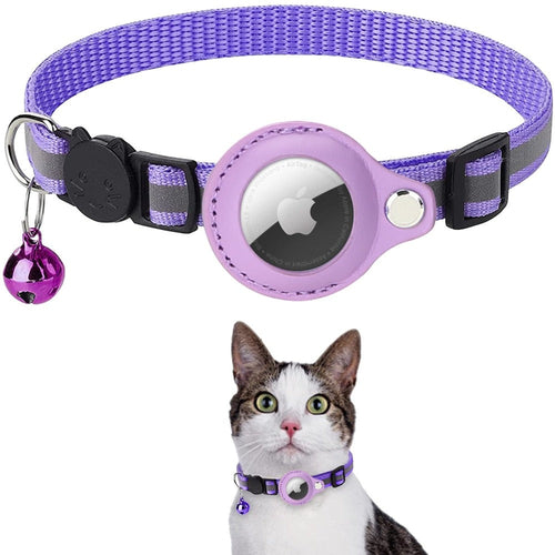 Purple reflective nylon cat collar for cats with AirTag case, safety breakaway buckle and bell; product close-up and on cat.