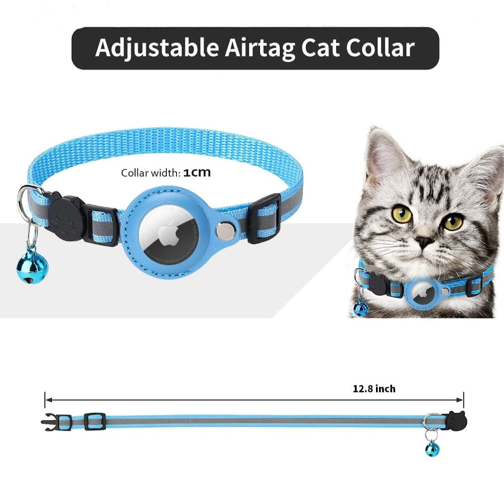 Blue AirTag cat collar with measurement graphic showing 12.8-inch adjustable strap and 1 cm width next to cat.