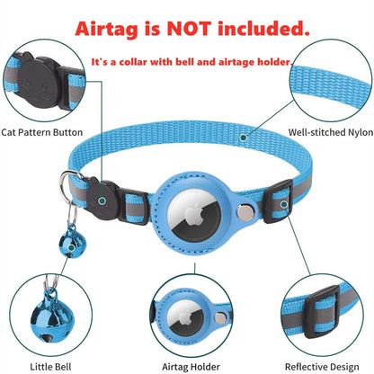 Blue nylon cat collar with AirTag holder, bell, and reflective stripe; labeled callouts, AirTag not included.