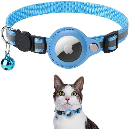 Light blue nylon AirTag collar with reflective stripe and bell, displayed above a cat wearing the collar.