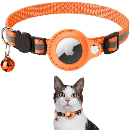Orange nylon AirTag collar with reflective stripe and bell, displayed above a cat wearing the collar.