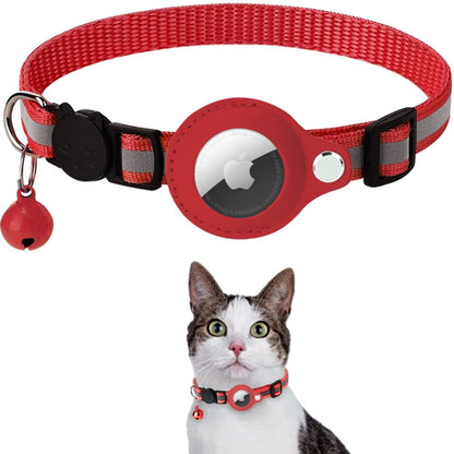 Red nylon AirTag collar with reflective stripe and bell, displayed above a cat wearing the collar.