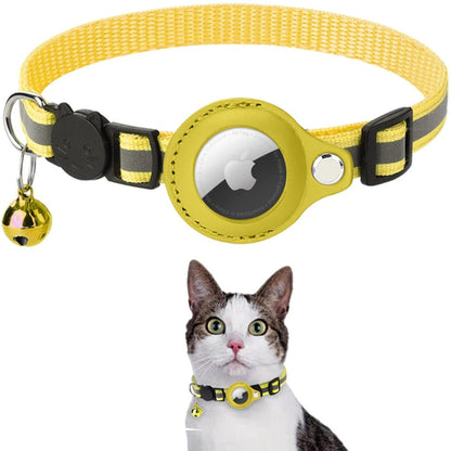 Yellow nylon AirTag collar with reflective stripe and bell, displayed above a cat wearing the collar.